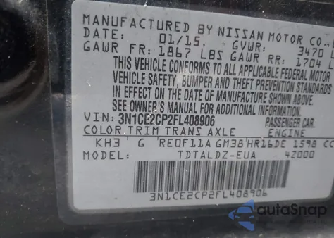 2015 Nissan Versa Note S (Sr)/S Plus/Sl/Sr/Sv z USA, uszkodzony, nr VIN 3N1CE2CP2FL408906